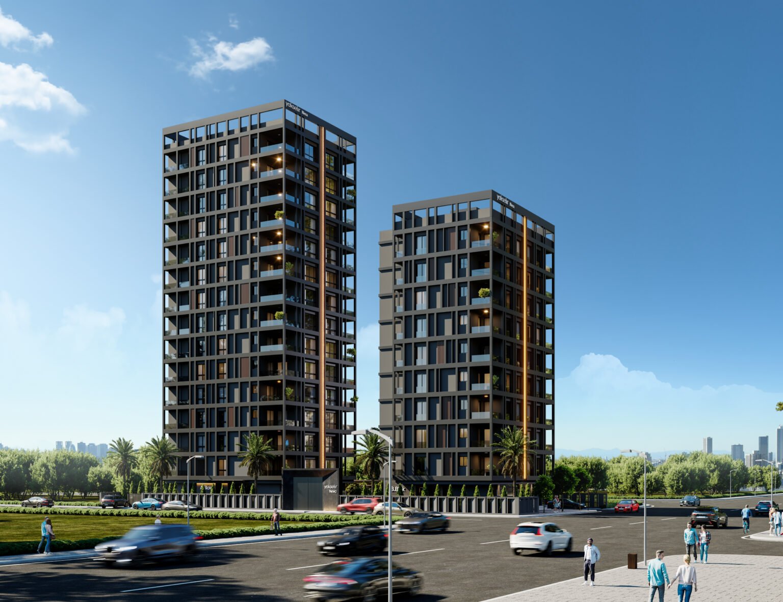 Yükselir Neva blokları, gündüz cadde görünümü